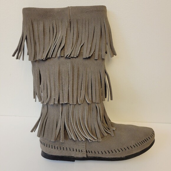 Minnetonka Suede Calf Hi 3-Layer Fringe Moccasin Pocahontas Cowgirl Western Boot - Picture 11 of 11